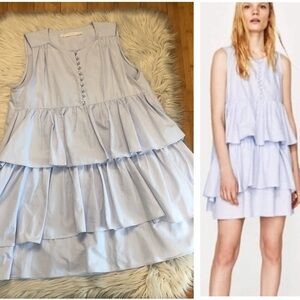 ZARA Light Blue Pearl Buttons Babydoll Sleeveless Tiered Mini Dress size S